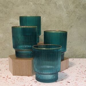 Teal Rocks Glasses Ripple Effect With Gold Rim | Set Of 4 | 10 Oz.